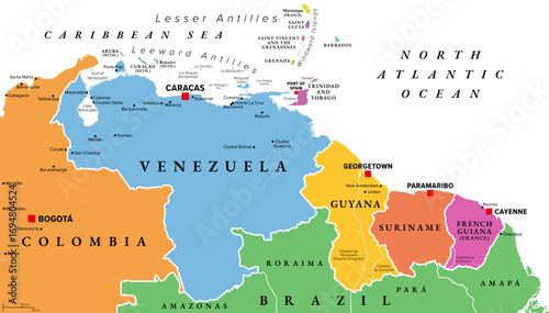 Venezuela and The Guianas, multi colored political map. Geographical region in north-eastern South America, consisting of Venezuela and The three Guianas Guyana, Suriname, and French Guiana. Vector
