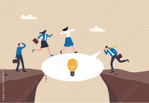Advice, suggestion or solution to solve business problem, instruction or guidance to overcome difficulty or answer concept, businessman advisor talking with speech bubble to help people cross the gap.