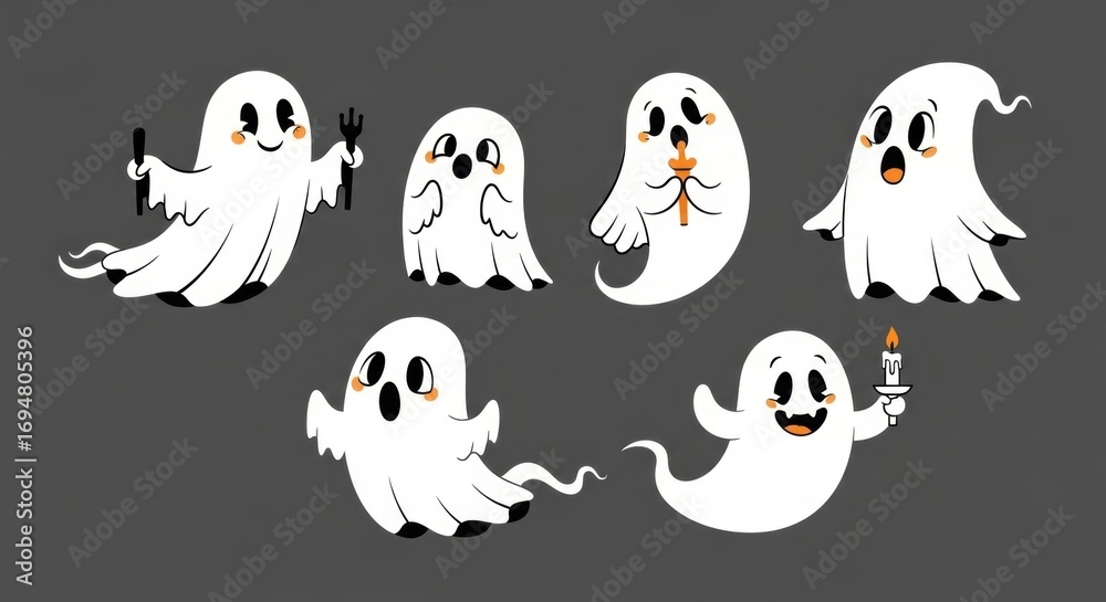 Fototapeta premium Playful Halloween Ghosts: Cartoon Spirits with Candles and Pitchforks on Dark Gray Background