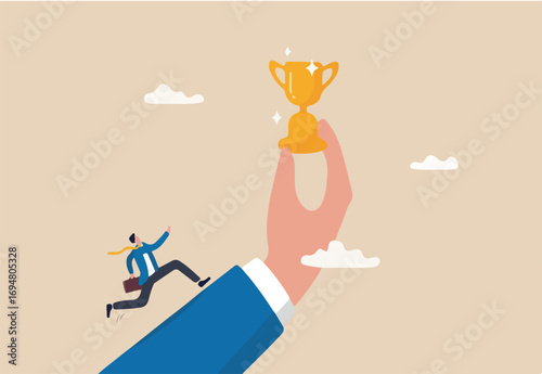 Motivation to achieve goal, reward or prize to motivate employee to succeed in work, effort and ambition to reach target concept, businessman run with full effort to reach trophy cup in giant hand.