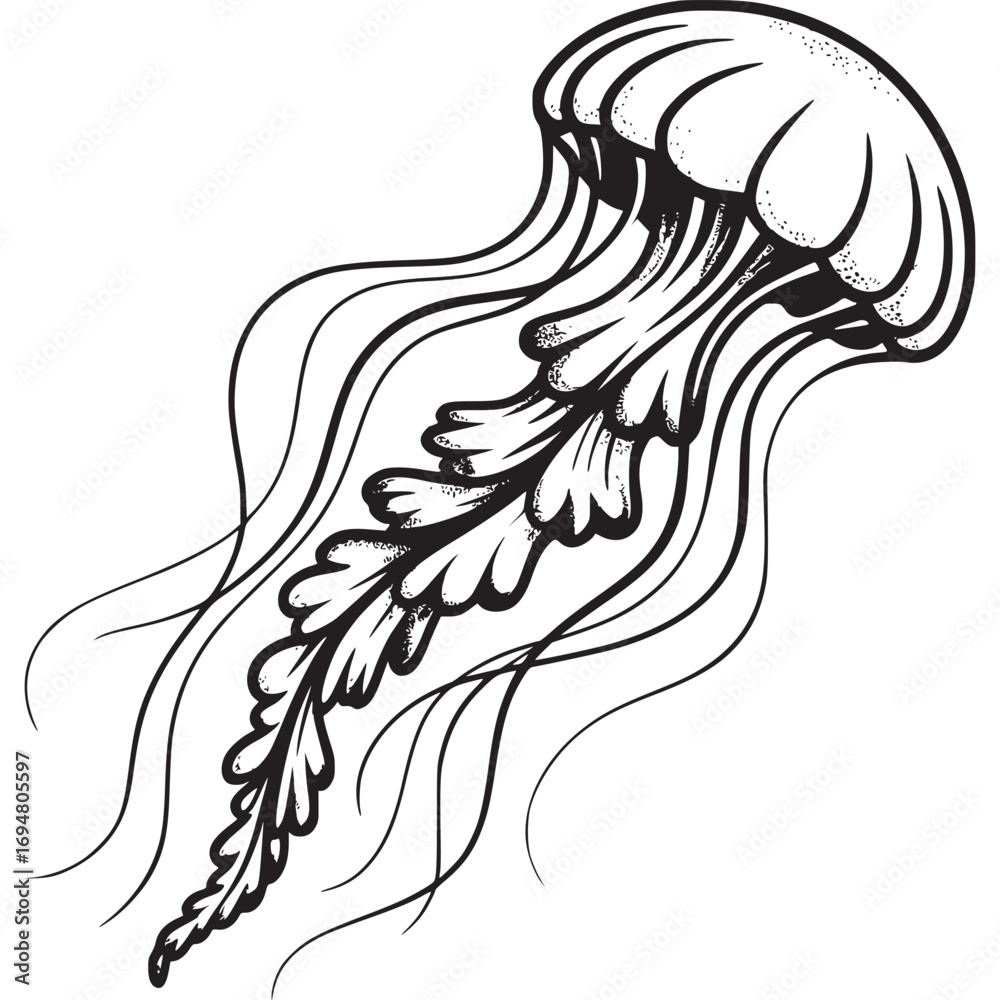 Fototapeta premium Black and white jellyfish illustration, sea creature, ocean animal, vector graphic