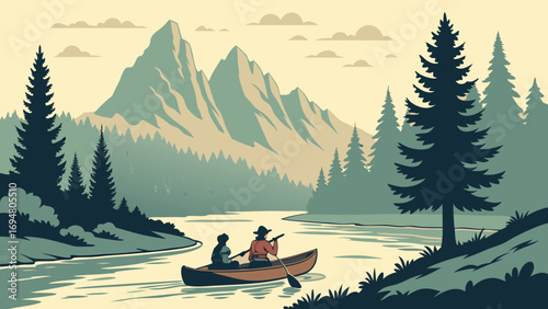 Couple Kayaking in River with Mountains and Pine Trees – Vector Illustration of Outdoor Travel and Adventure Life