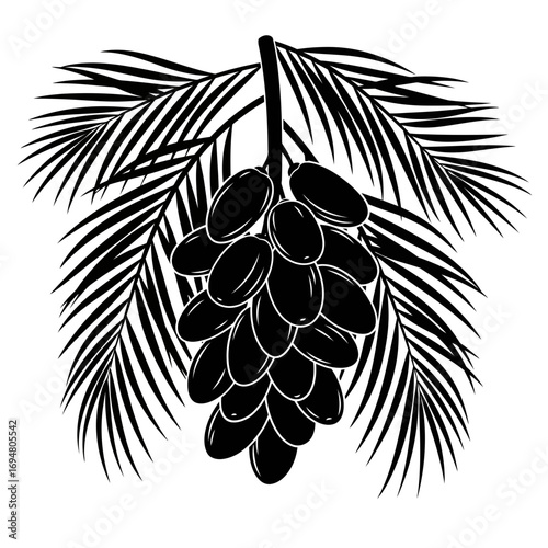 Bunch of dates with palm leaves silhouette isolated on white background