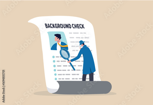 Background check for employment or recruitment, criminal or drug check on candidate or employee, work experience or career history concept, detective with magnifier checking on candidate document.