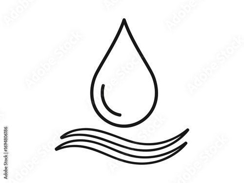 Simple line art icon of a water drop above wavy lines