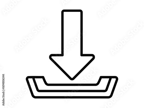 Simple line art icon of a downward arrow pointing into a tray