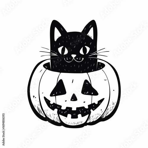 Spooky Cat in Pumpkin: A curious and playful black cat peers out from a carved pumpkin, ready for Halloween. Capturing the festive spirit.