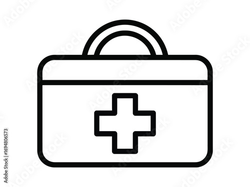 Simple line art icon of a medical first aid kit with a cross