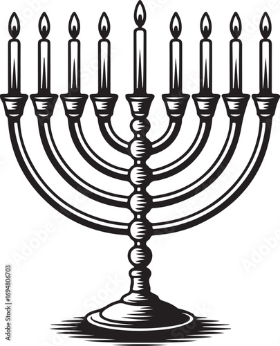 Menorah Silhouette with Nine Candles and Intricate Details on a Transparent Background