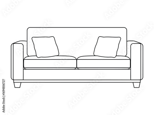 Simple line drawing of a modern two seater sofa with cushions