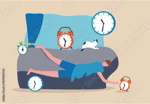 Laziness, low energy overworked man or unproductive procrastination concept, office man sleeping with no power cannot wake up in the morning after fatigue overwork low moral don't want to go to work. 