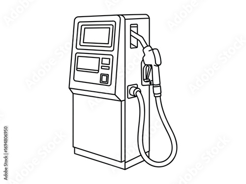 Black and white line drawing of a modern gas pump with hose and nozzle