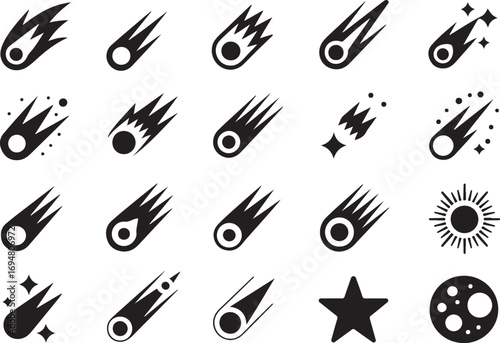 Cosmic Comet Shower Icons Set Vector Illustration, Space Objects, Astronomy, Meteors, Stars, Planets, Universe