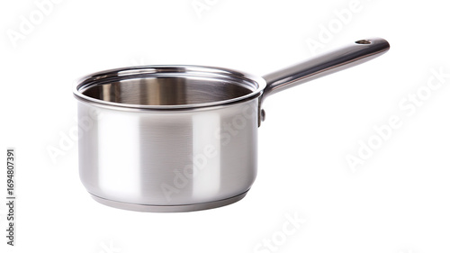 Stainless steel saucepan with lid.  Small, round, and shallow cooking pot with a long, curved handle and a glass lid.  High-quality, polished metal finish.  Isolated on a plain background