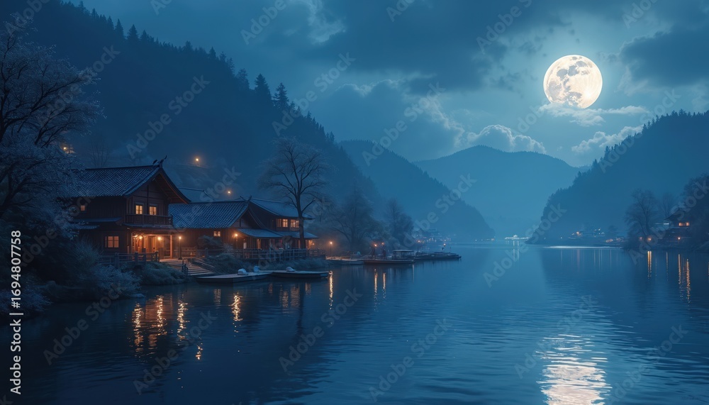 Fototapeta premium Moonlight illuminates tranquil water village scene. Traditional Asian architecture sits by calm lake reflecting full moon glow. Serene night landscape evokes peaceful, romantic, dreamlike atmosphere,