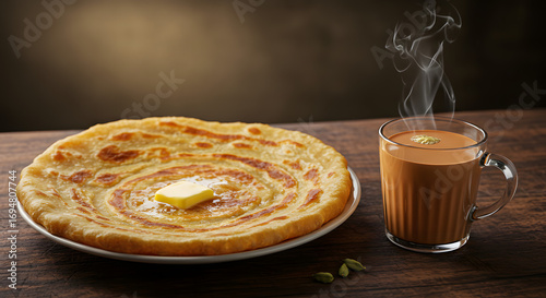 Traditional Pakistani breakfast with hot paratha and steaming tea 