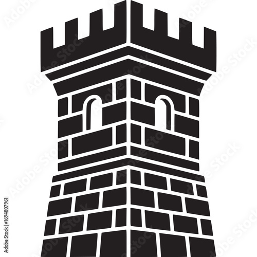 Illustration of a black tower with battlements isolated on white background, a symbol of strength and security