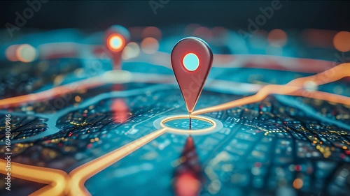 抽象的な赤い位置ピンと発光道路を持つデジタル地図技術の背景