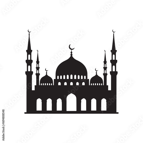 Silhouette of a grand mosque with multiple domes and minarets, isolated on a white background