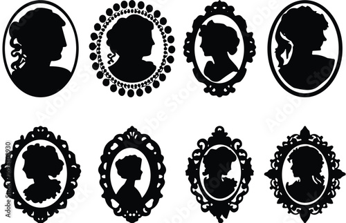 Vintage silhouette portraits, ornate oval frames, Victorian style profiles, classical fashion icons, black vector illustration, historical design elements