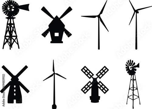 Wind energy silhouette collection, windmill, turbine, windpump icons, black vector illustration, renewable power design, mechanical structure grid