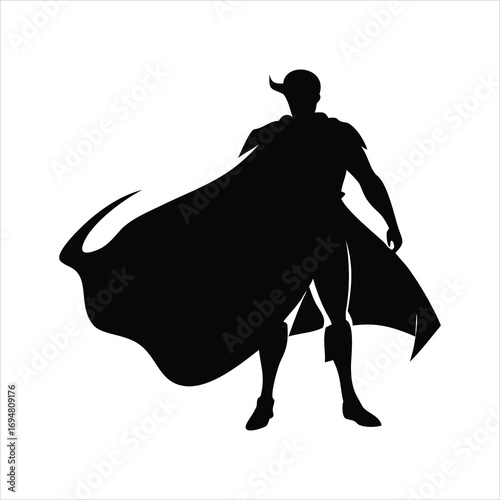 Silhouette of a powerful superhero with a flowing cape and horns