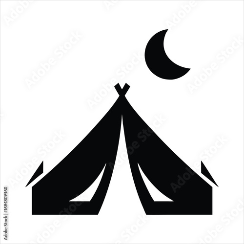 Black silhouette of a tent under a crescent moon