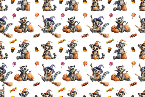 Seamless Halloween pattern with cute lemurs in witch hats flying on broomsticks, holding pumpkins, cauldrons, lanterns, and surrounded by spooky candy, lollipops, and festive holiday decorations.
