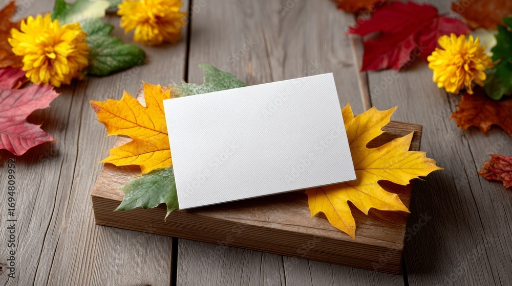 Obraz premium A white card is on a wooden surface with autumn leaves and flowers. The card is blank, but it could be used for a variety of purposes, such as a thank you note, a reminder