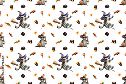 Seamless Halloween pattern with cute lemurs in witch hats flying on broomsticks, holding pumpkins, cauldrons, lanterns, and surrounded by spooky candy, lollipops, and festive holiday decorations.