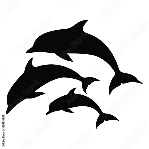 Four black silhouette dolphins leaping together on white background