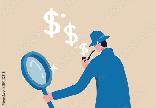 Search for investment opportunity, checking tax payment, analyze financial data or discover money earning concept, anonymous smart detective with magnifying glass smoking pipe with dollar sign smoke.
