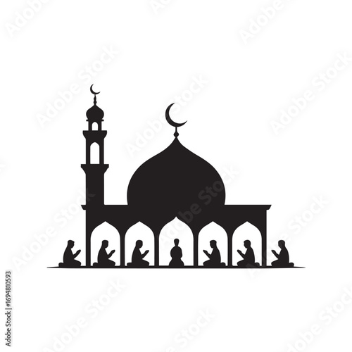 Silhouette of a mosque with people praying in front of it, isolated on white background