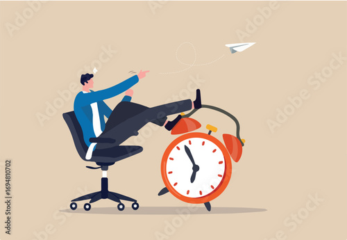 Productivity and efficiency in work, procrastination or time management or project deadline, best performance employee concept, smart relax businessman sitting on alarm clock launching paper airplane.