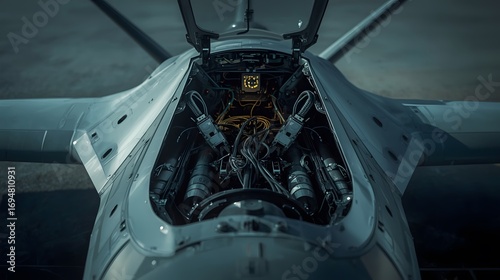 A dramatic close-up of a futuristic military drone or stealth aircraft with its top hatch open, revealing complex internal mechanisms, weapons, and electronics