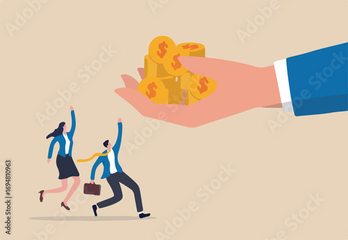 Employee bonus money, salary or income increase based on work performance or prize or gift to boost employee morale concept, giant boss hand giving stack of coins money to happy office workers.