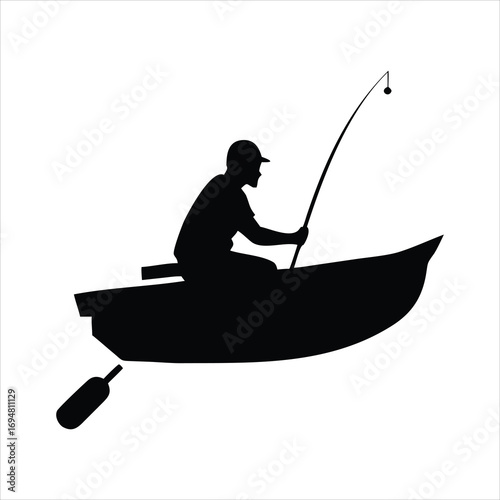 Silhouette of a fisherman in a boat with a fishing rod