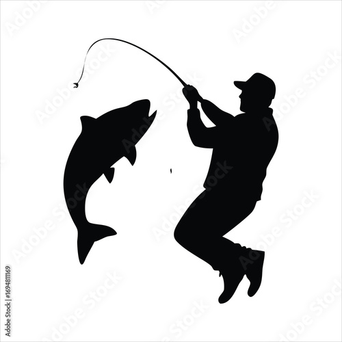 Silhouette of a fisherman reeling in a leaping salmon