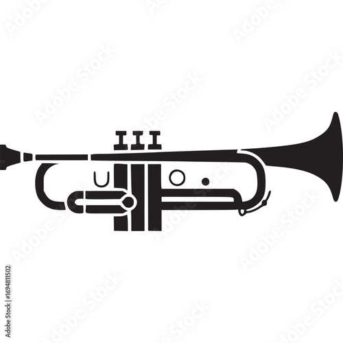 Illustration of a black trumpet isolated on white background, a brass instrument used in jazz music