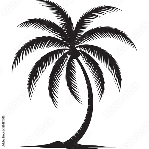 Silhouette of a palm tree isolated on white background, a tropical symbol of summer, vacation, and relaxation