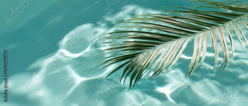 The palm frond over sunlit turquoise pool water with shimmering rippling light reflections