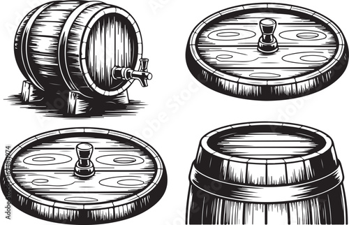 Wooden Barrel Silhouette Collection Isolated on Transparent Background Vector Illustration