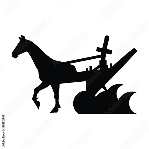 Silhouette of a horse pulling a plow through the earth