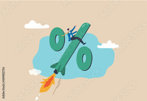 Interest rate rising up, Federal reserve or central bank raising policy, inflation or monetary percentage concept, businessman riding percentage with rocket booster metaphor of interest rate hike.