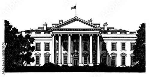 The White House Building Iconic American Landmark Government Residence Black and White Outline Line Art Drawing