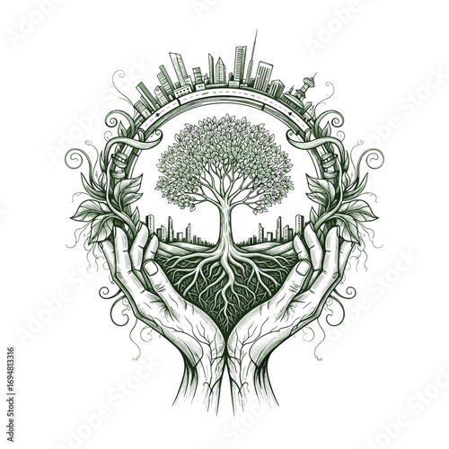 Hands holding tree roots with skyline illustration in green tones  
