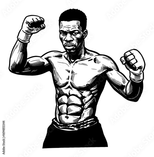 African Fighter with Fists Up Ready to Fight Black and White Outline Line Art Drawing