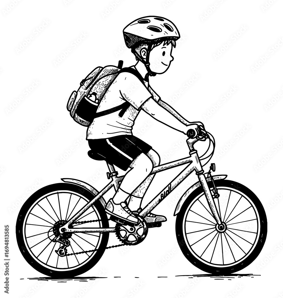 Fototapeta premium Little Boy Cycling with Backpack and Helmet Black and White Outline Line Art Drawing Side View Illustration