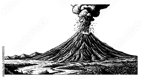 Volcanoes Erupting Smoke and Lava Landscape Coloring Book Style Black and White Outline Line Art Drawing