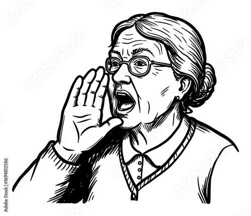 Grandma Shouting Loudly with Hand Near Mouth in Vintage Black and White Outline Line Art Drawing